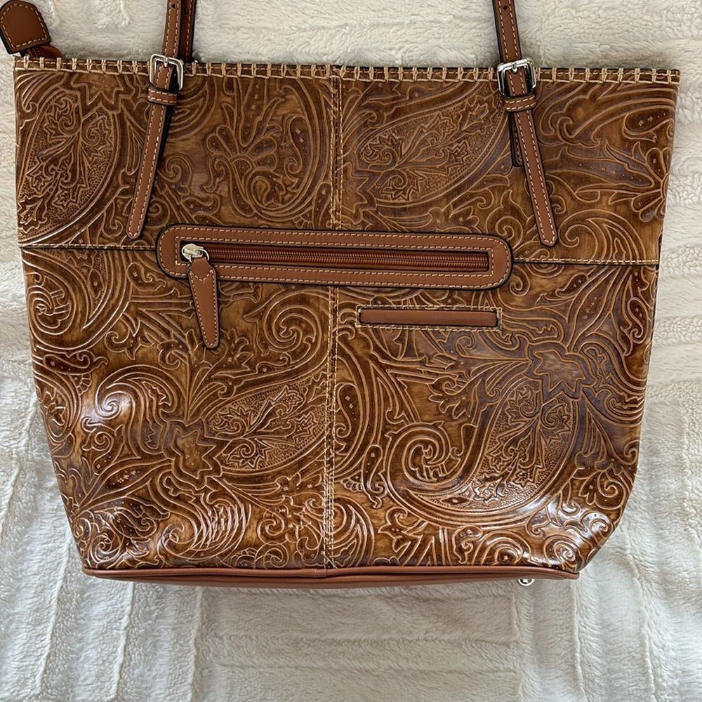 Vintage Large Leather tooled brown shoulder indie bag purse tote - Picture 4 of 9